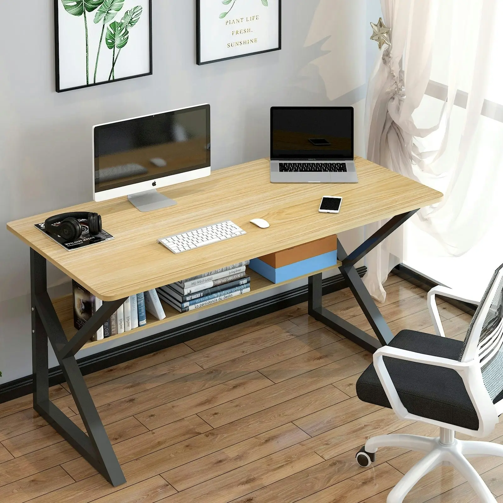 Kori Large Wood & Metal Computer Desk with Shelf (Oak)