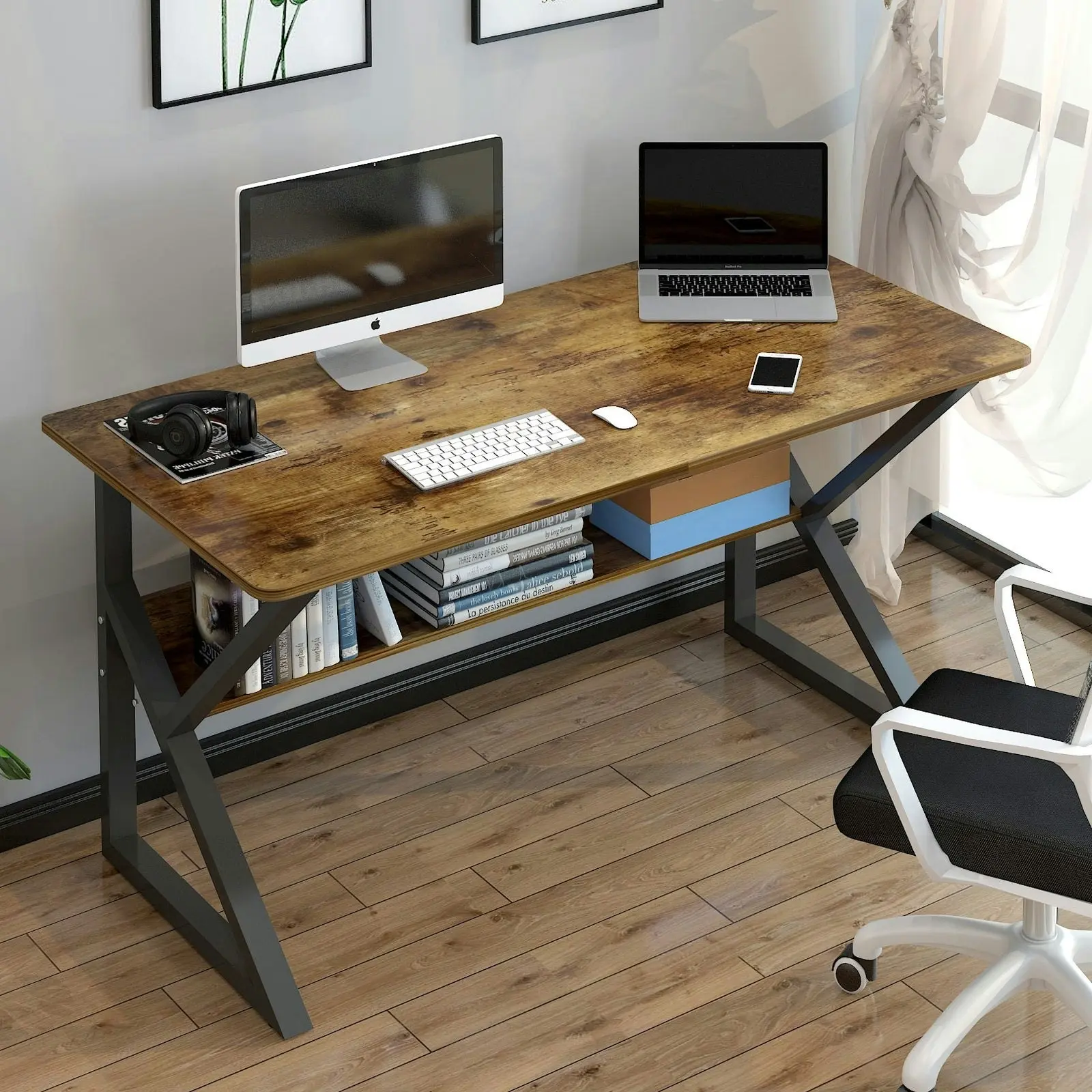 Kori Large Wood & Metal Computer Desk with Shelf (Rustic Wood)