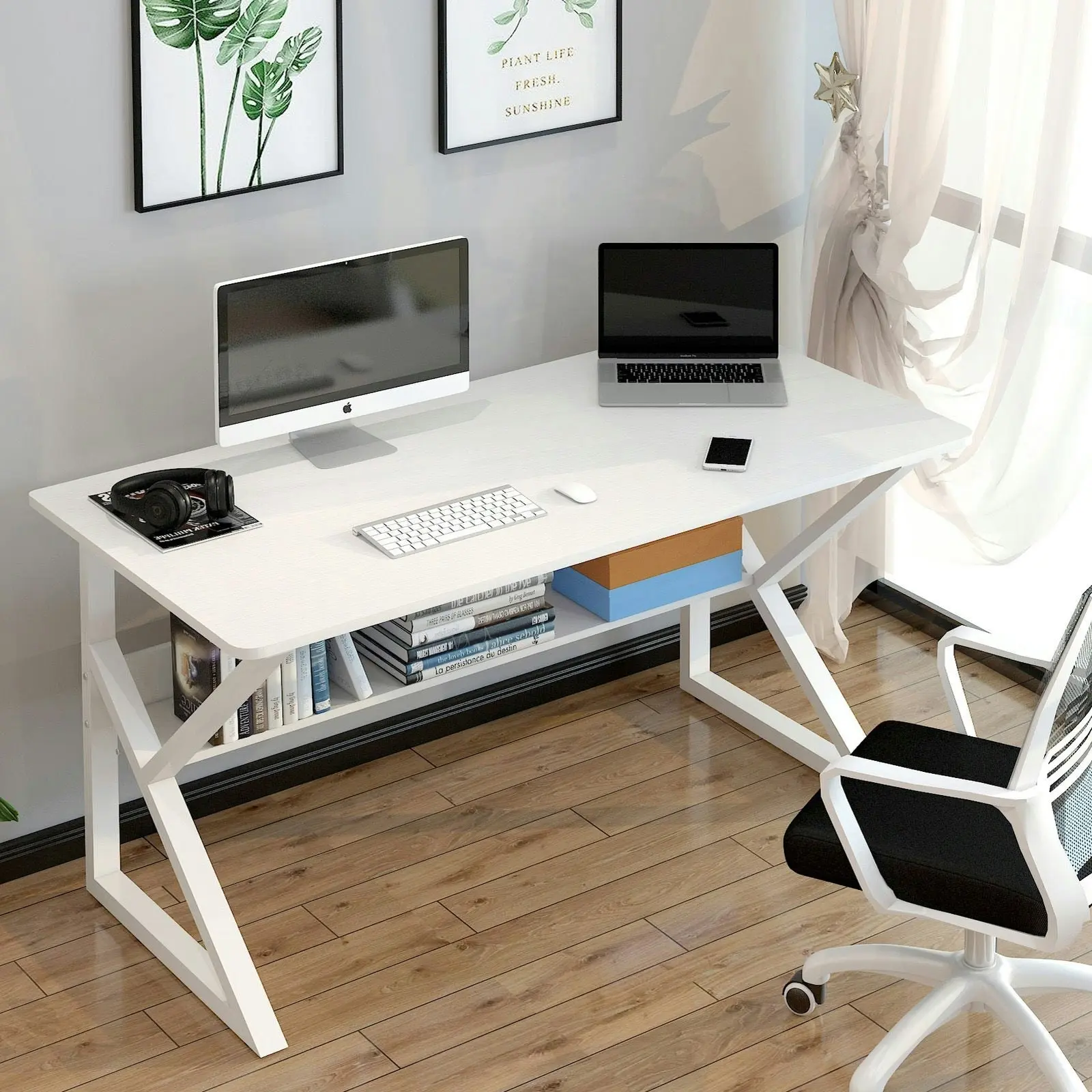 Kori Large Wood & Metal Computer Desk with Shelf (White)