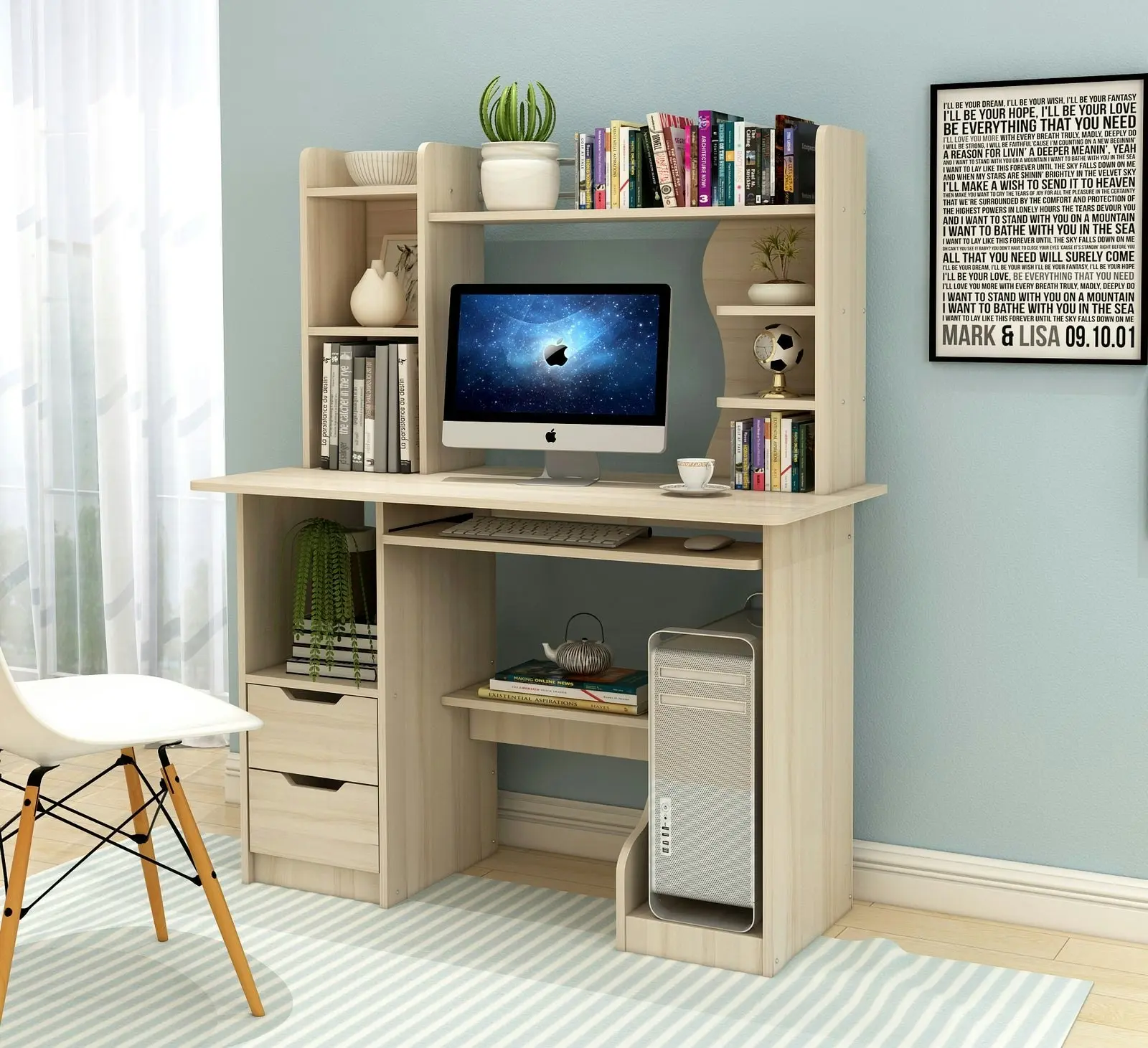 Expert Computer Desk Workstation with Shelf & Cabinet (White Oak)