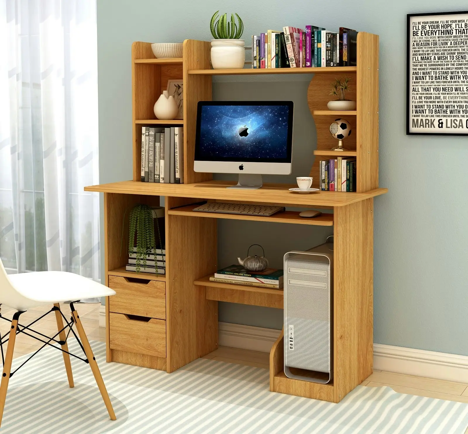 Expert Computer Desk Workstation with Shelf & Cabinet (Oak)