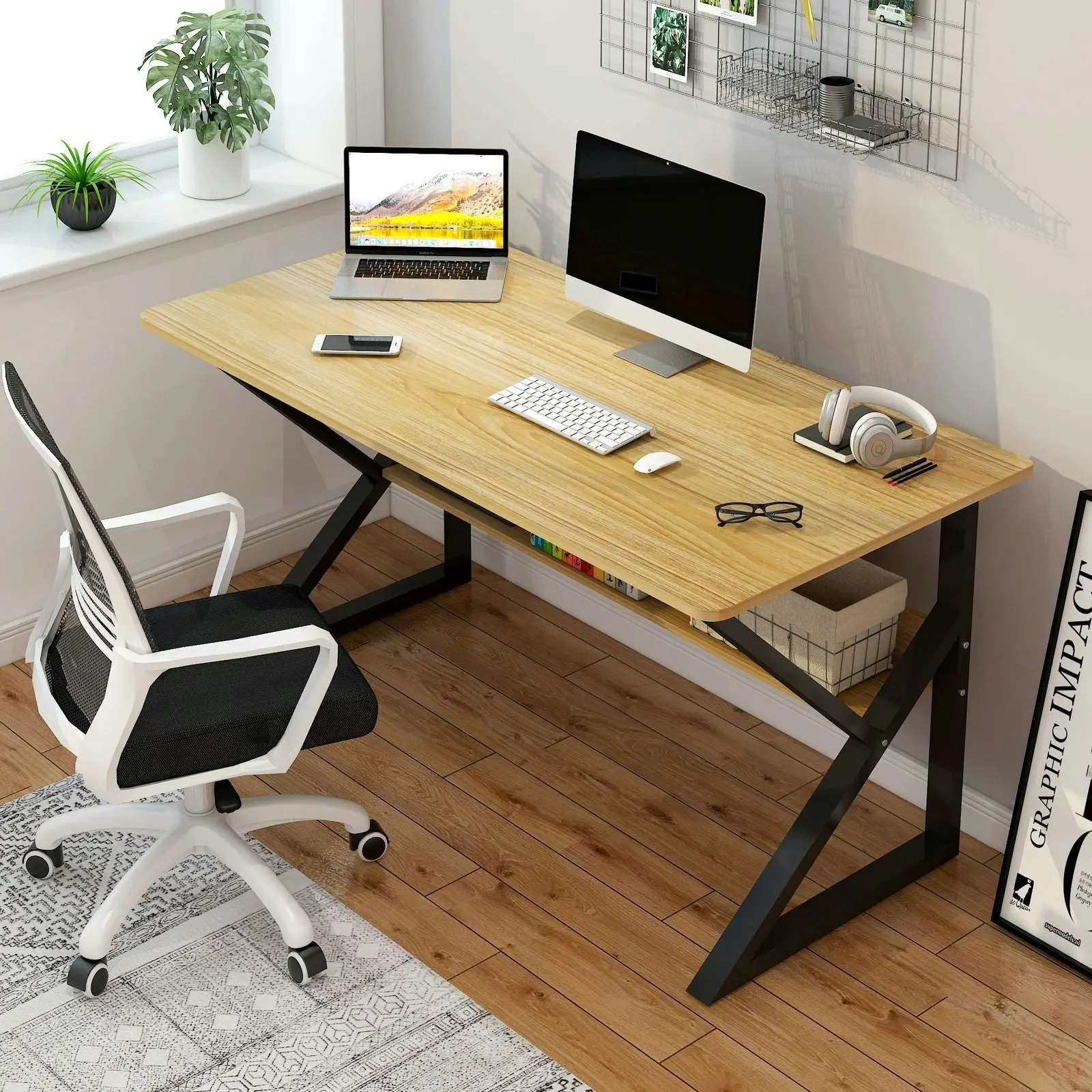 Kori Wood & Metal Computer Desk with Shelf (Oak)