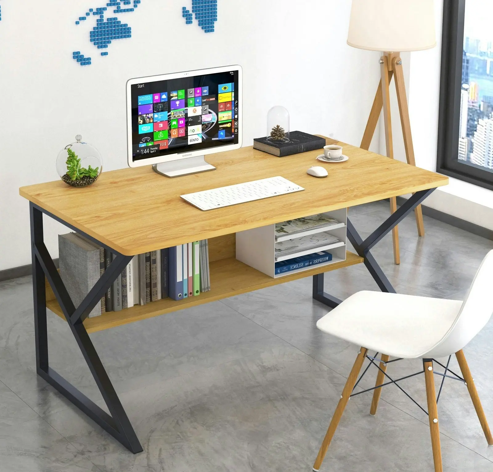 Kori Wood & Metal Computer Desk with Shelf (Oak)