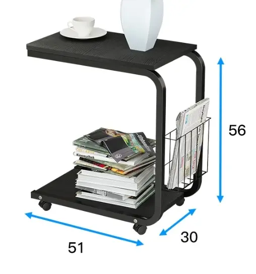 Sofa Bed Side Table Laptop Desk with Magazine Rack and Wheels (Oak)