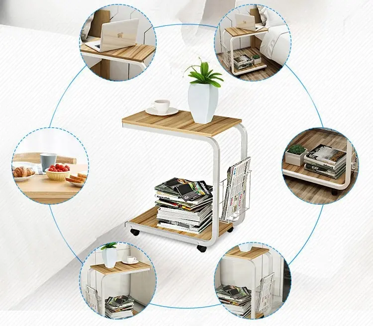 Sofa Bed Side Table Laptop Desk with Magazine Rack and Wheels (White Oak)