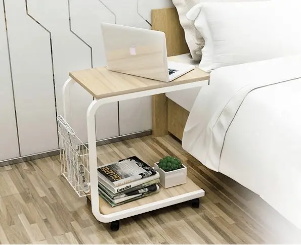 Sofa Bed Side Table Laptop Desk with Magazine Rack and Wheels (White Oak)