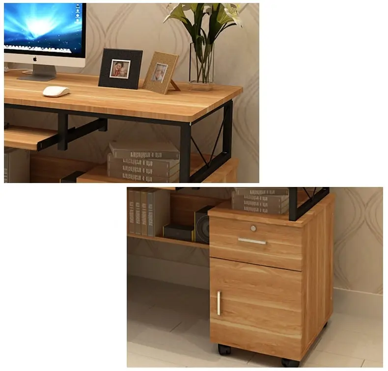 Prime Multi-function Computer Desk Workstation with Shelves & Cabinet (Oak)