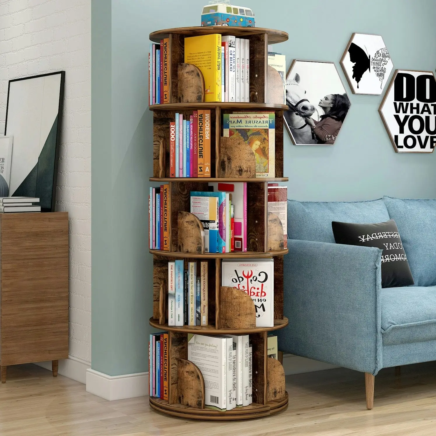 Sanctuary 360-degree Rotating 5 Tier Display Shelf Bookcase Organiser (Rustic Wood)