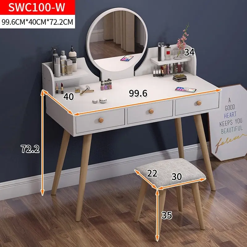 Queen Large Dresser Vanity Table with Mirror, Stool and Storage Drawers Set (White)