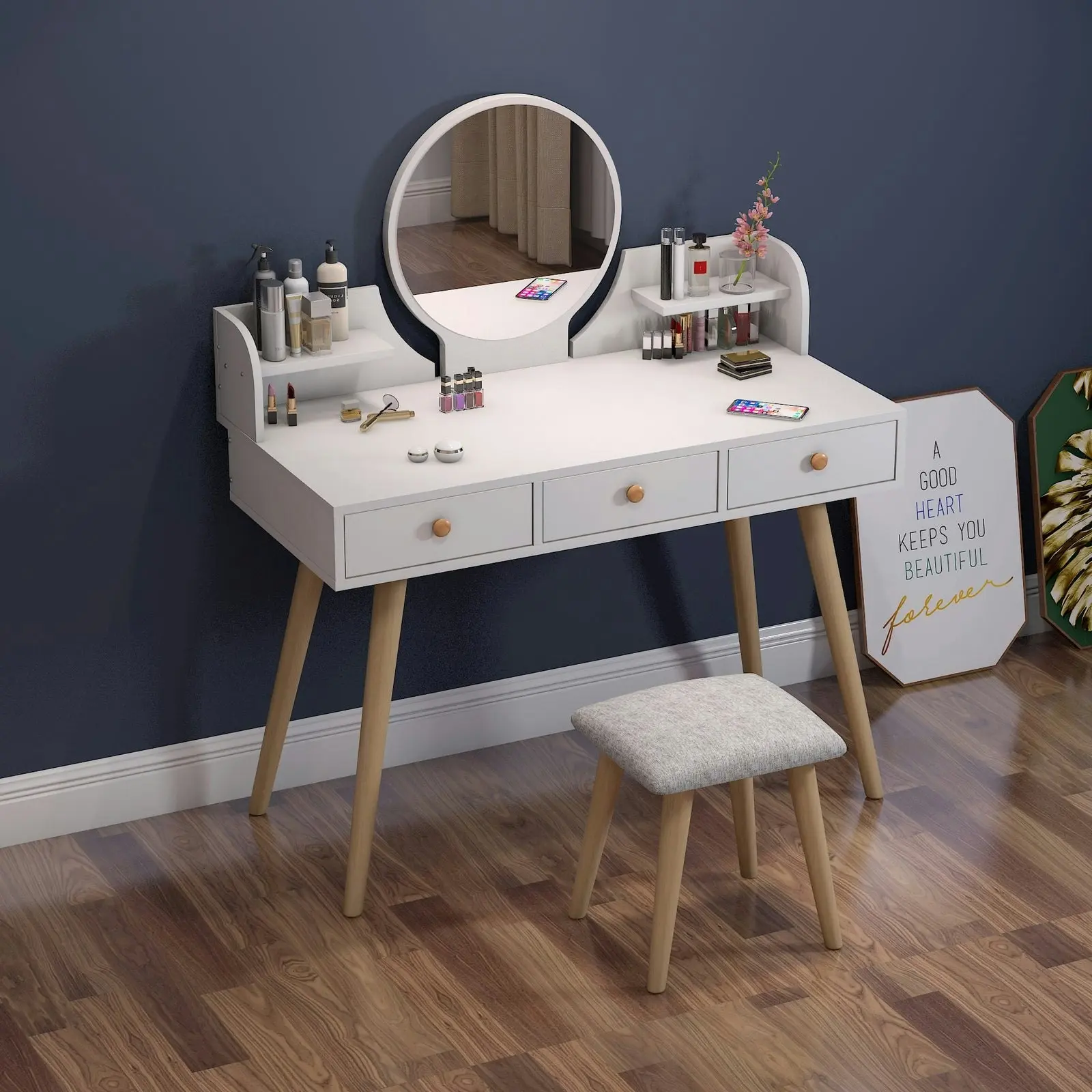 Queen Large Dresser Vanity Table with Mirror, Stool and Storage Drawers Set (White)