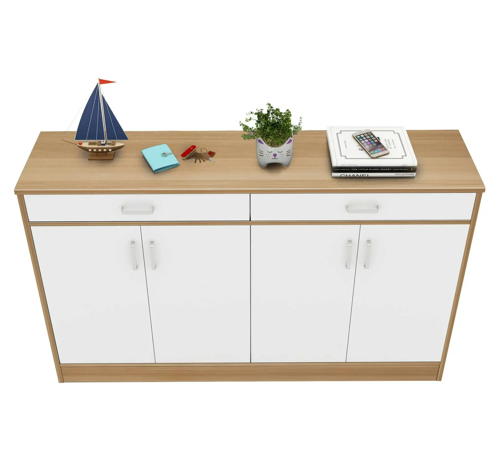 Elements 4-Door Double Buffet Shoe Storage Cabinet (Oak & White)