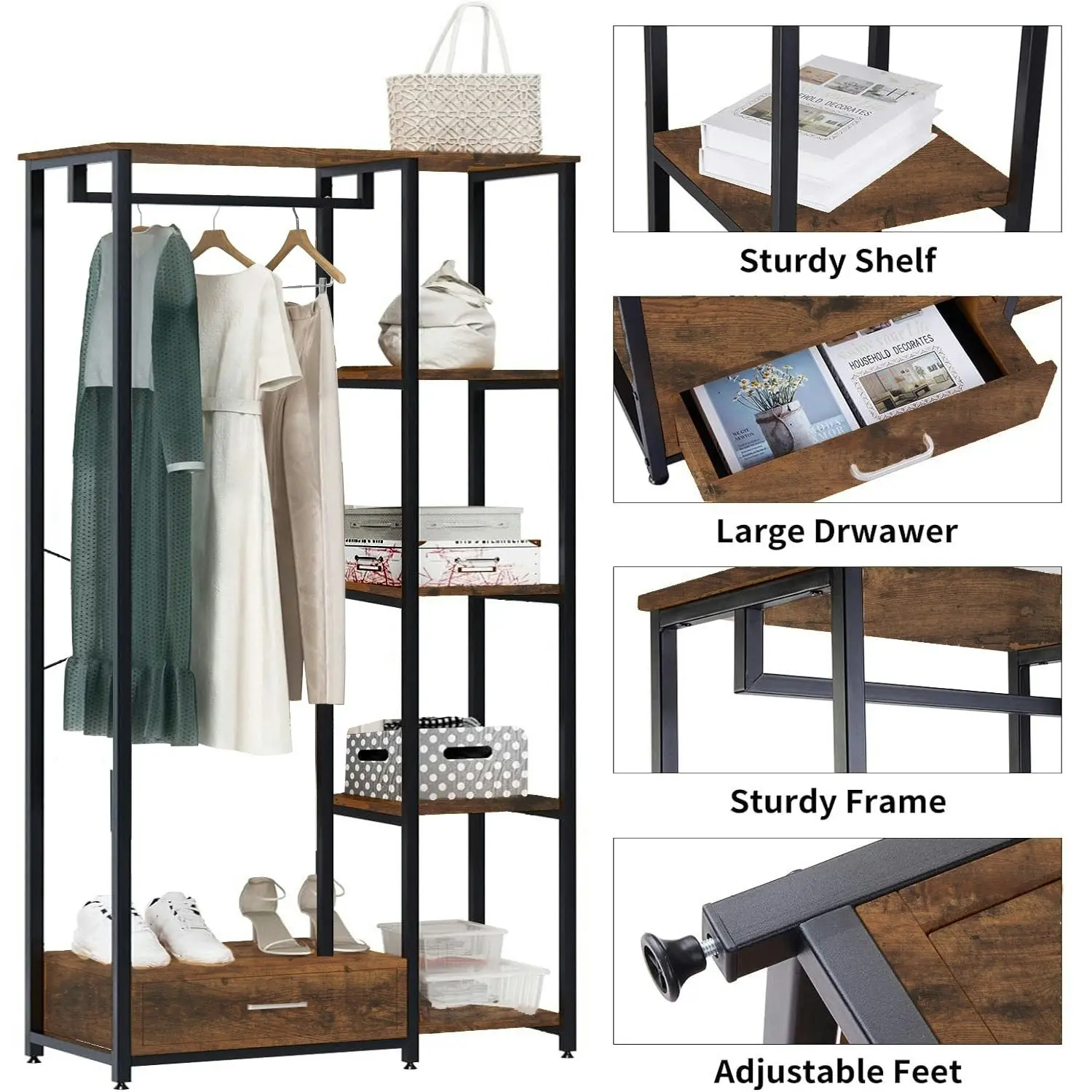 Summit Premium Rustic Tall Wardrobe Cupboard Shelves & Clothes Hanging Rack