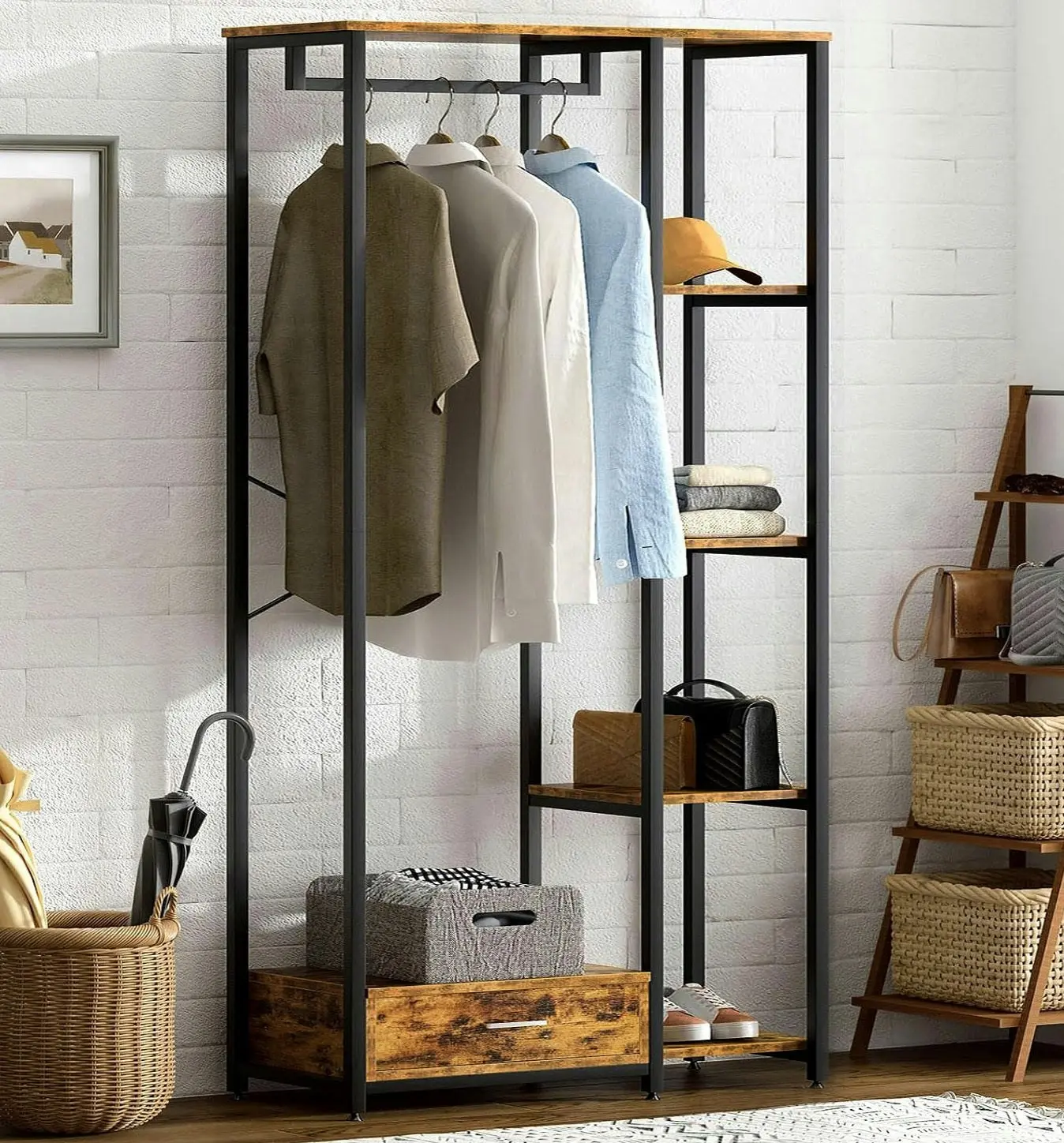 Summit Premium Rustic Tall Wardrobe Cupboard Shelves & Clothes Hanging Rack