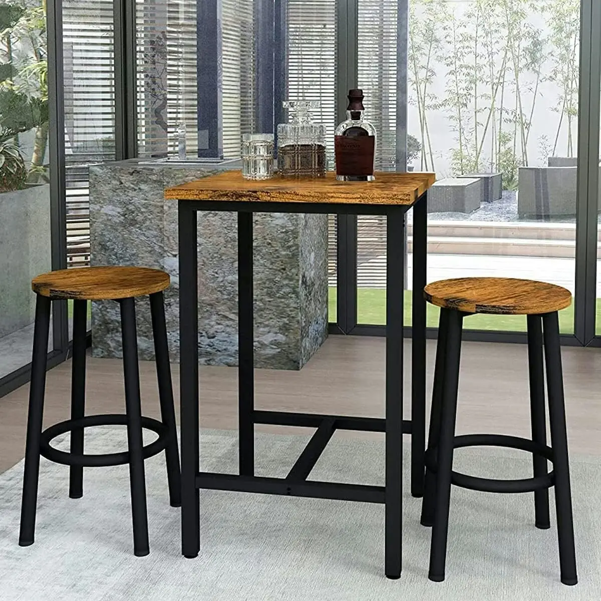 3 Piece Mastery Premium Rustic Wood & Steel Dining Set Bar Table and Stools