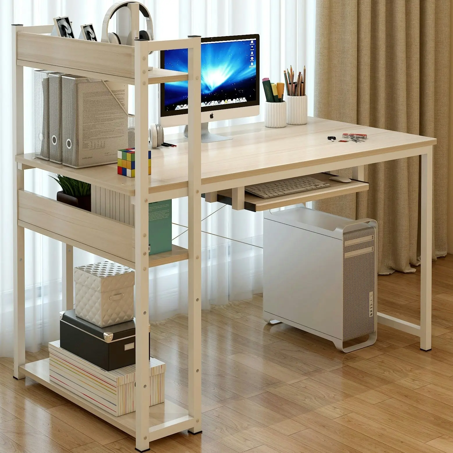 Genius Large Workstation Wood & Steel Computer Desk with Storage Shelves (White Oak)