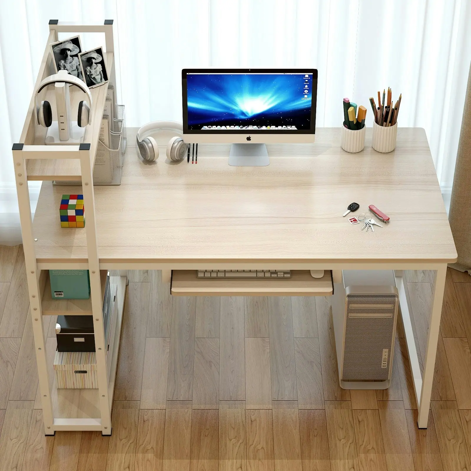 Genius Large Workstation Wood & Steel Computer Desk with Storage Shelves (White Oak)