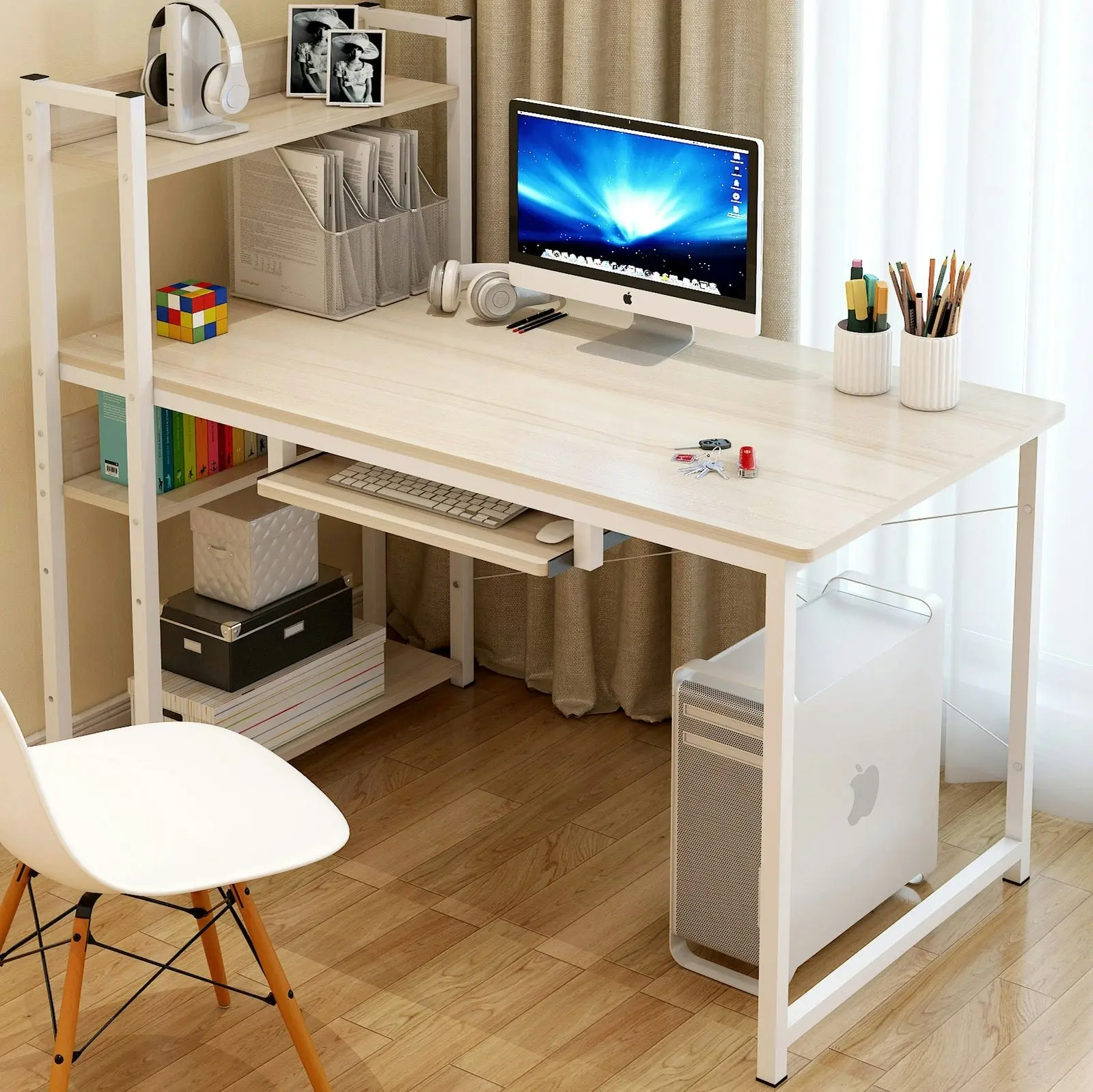 Genius Large Workstation Wood & Steel Computer Desk with Storage Shelves (White Oak)