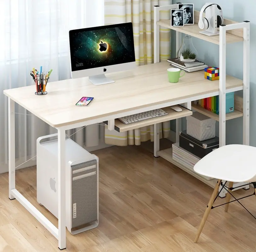 Genius Large Workstation Wood & Steel Computer Desk with Storage Shelves (White Oak)