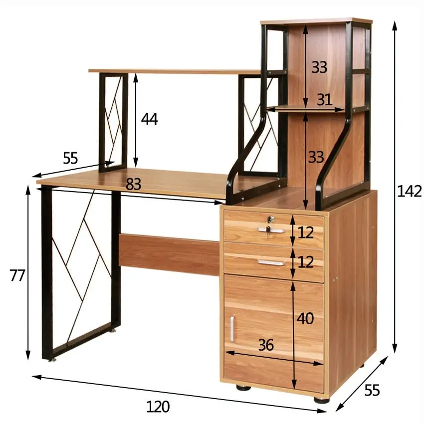 Everest Large Multi-function Computer Desk Workstation with Shelves & Cabinet (Oak)