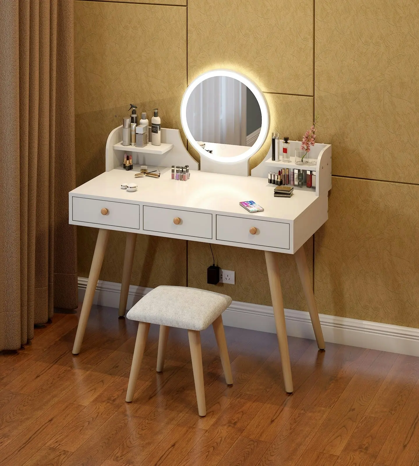 LED Luminous Queen Large Dresser Vanity Table with Mirror, Stool and Storage Drawers Set