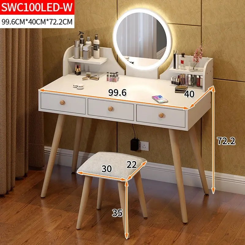 LED Luminous Queen Large Dresser Vanity Table with Mirror, Stool and Storage Drawers Set