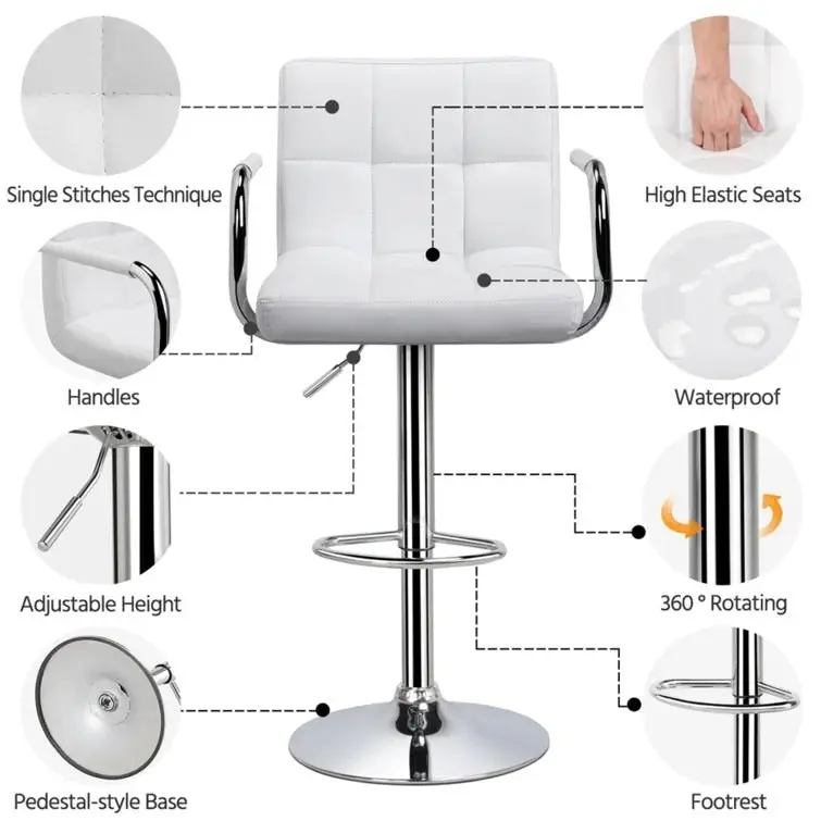 2 x Elegance High Back PU Leather Bar Stools (White -Set of 2)