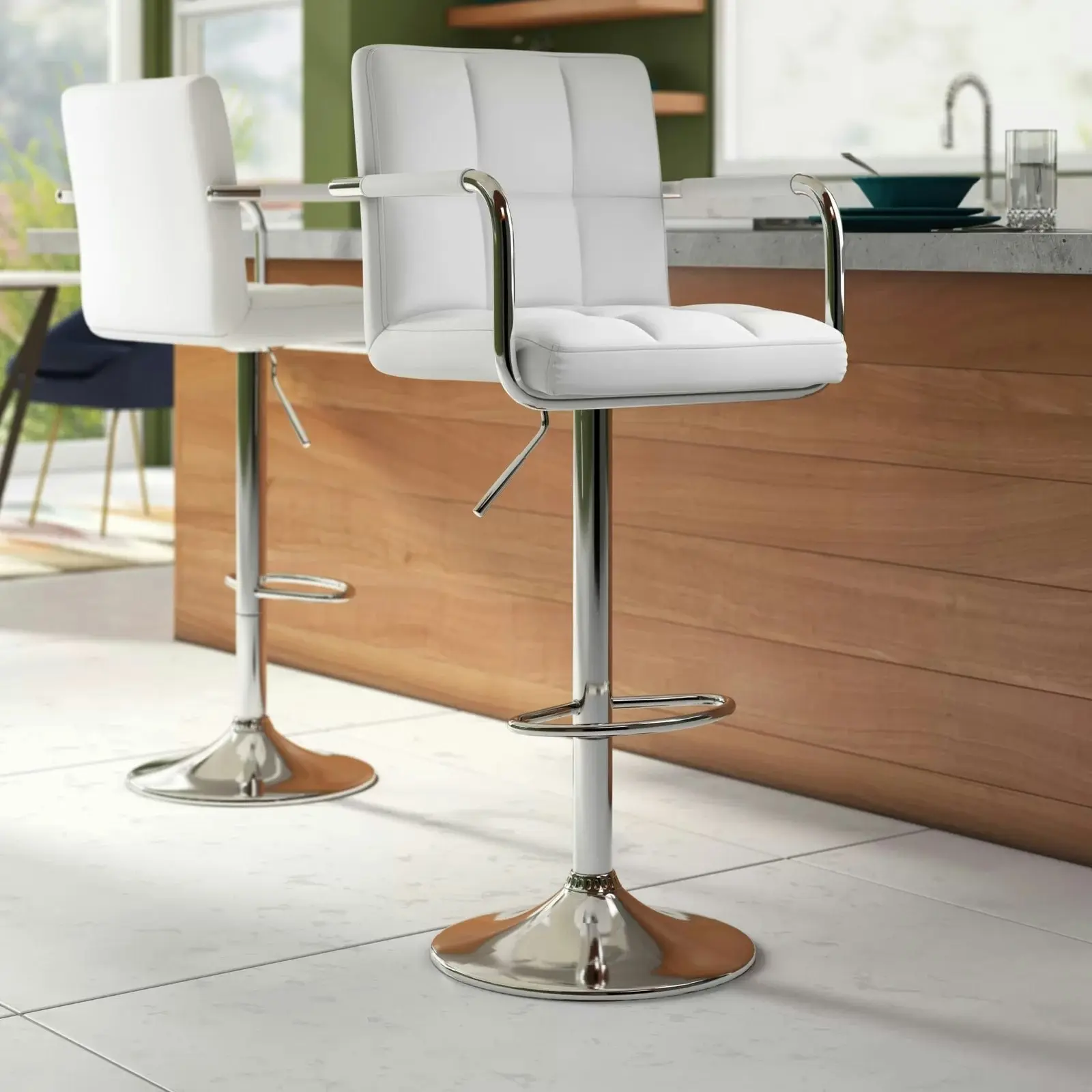 2 x Elegance High Back PU Leather Bar Stools (White -Set of 2)