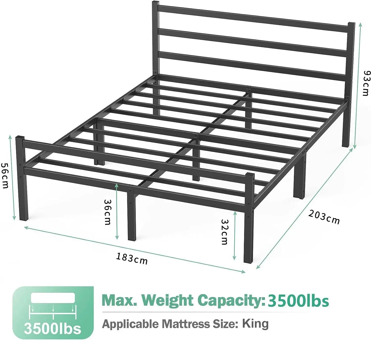 Titan Heavy Duty Metal Platform Bed Base Frame - King Size, Black Steel