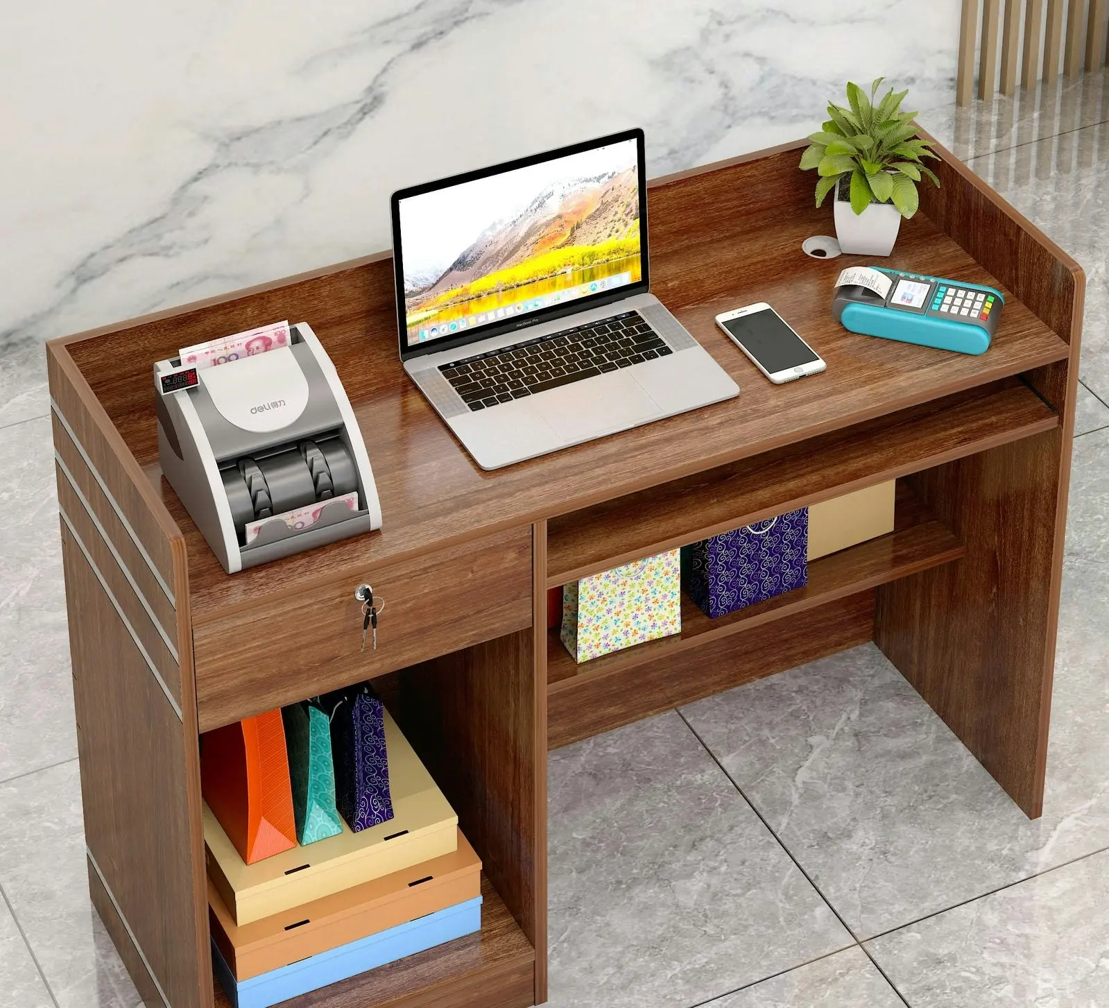 Impressions Reception Desk Counter with Shelves (Walnut)