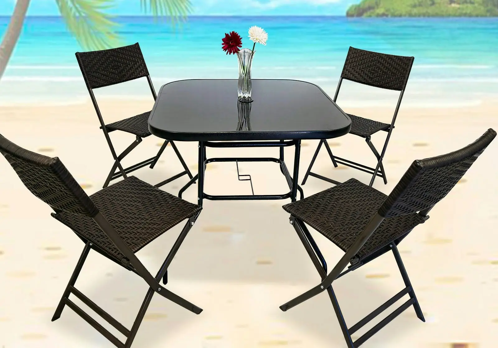 Alfresco 7 Piece Outdoor Setting (Blue Umbrella & Stand, 4 Rattan Chairs, Square Table)