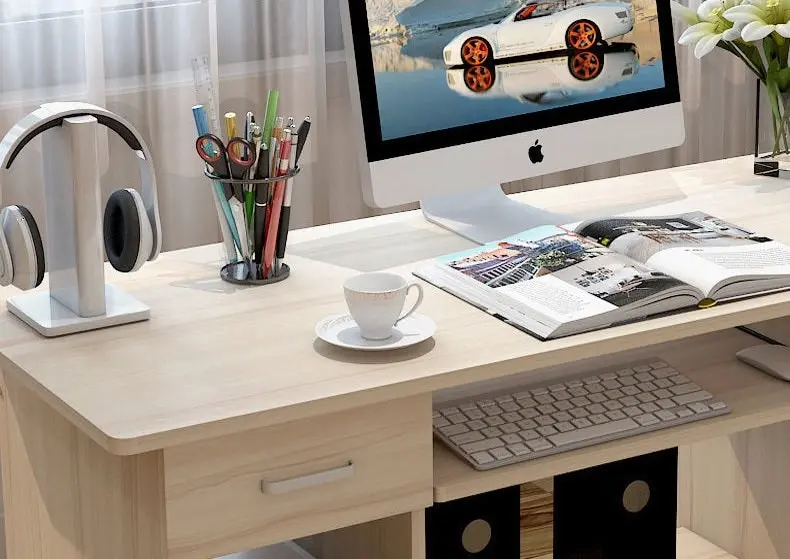 Executive Office Computer Desk with Drawers, Cabinet, Shelves (Natural Oak)