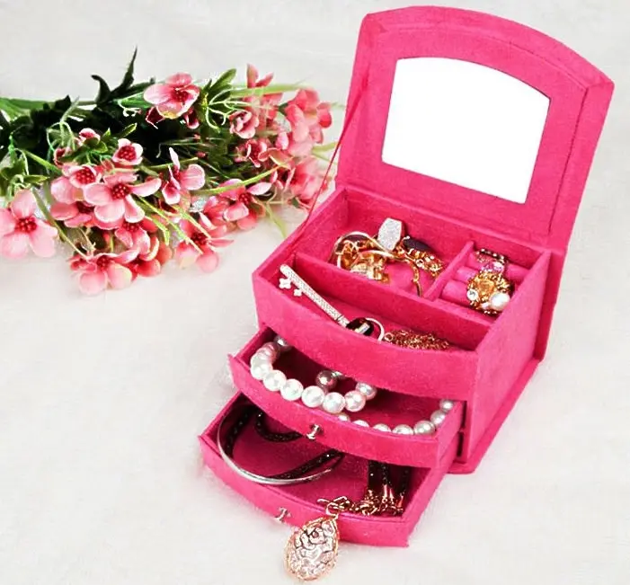 Deluxe Velvet Jewelry Box 3 Level Organizer & Drawers Hot Pink