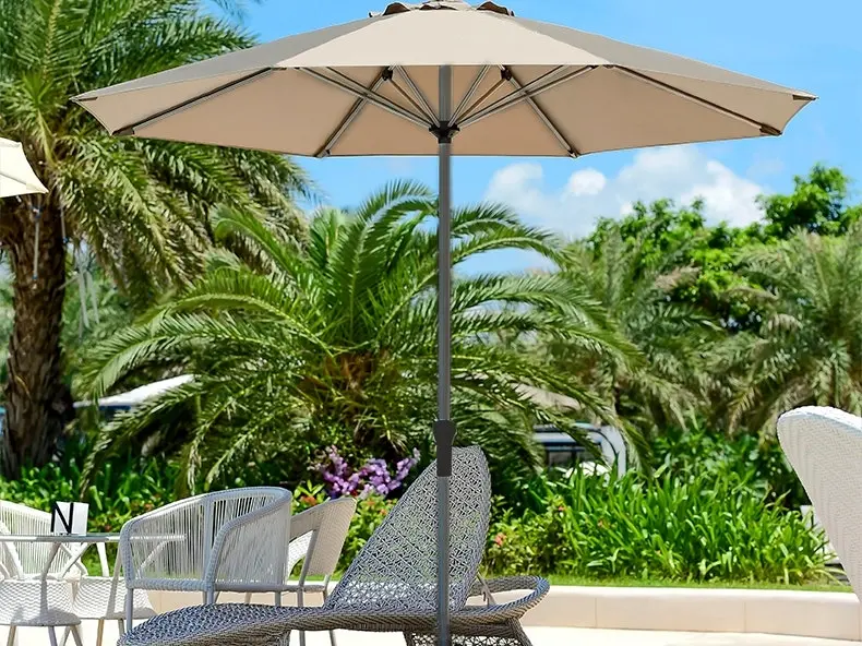 Alfresco 5PC Outdoor Setting (Beige Umbrella & Stand, 2 Rattan Chairs, Square Table)