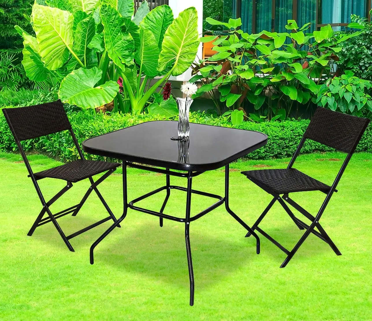 Alfresco 5PC Outdoor Setting (Blue Umbrella & Stand, 2 Rattan Chairs, Square Table)