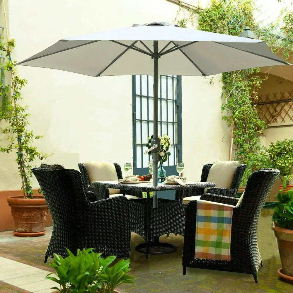 Alfresco 5PC Outdoor Setting (White Umbrella & Stand, 2 Rattan Chairs, Square Table)