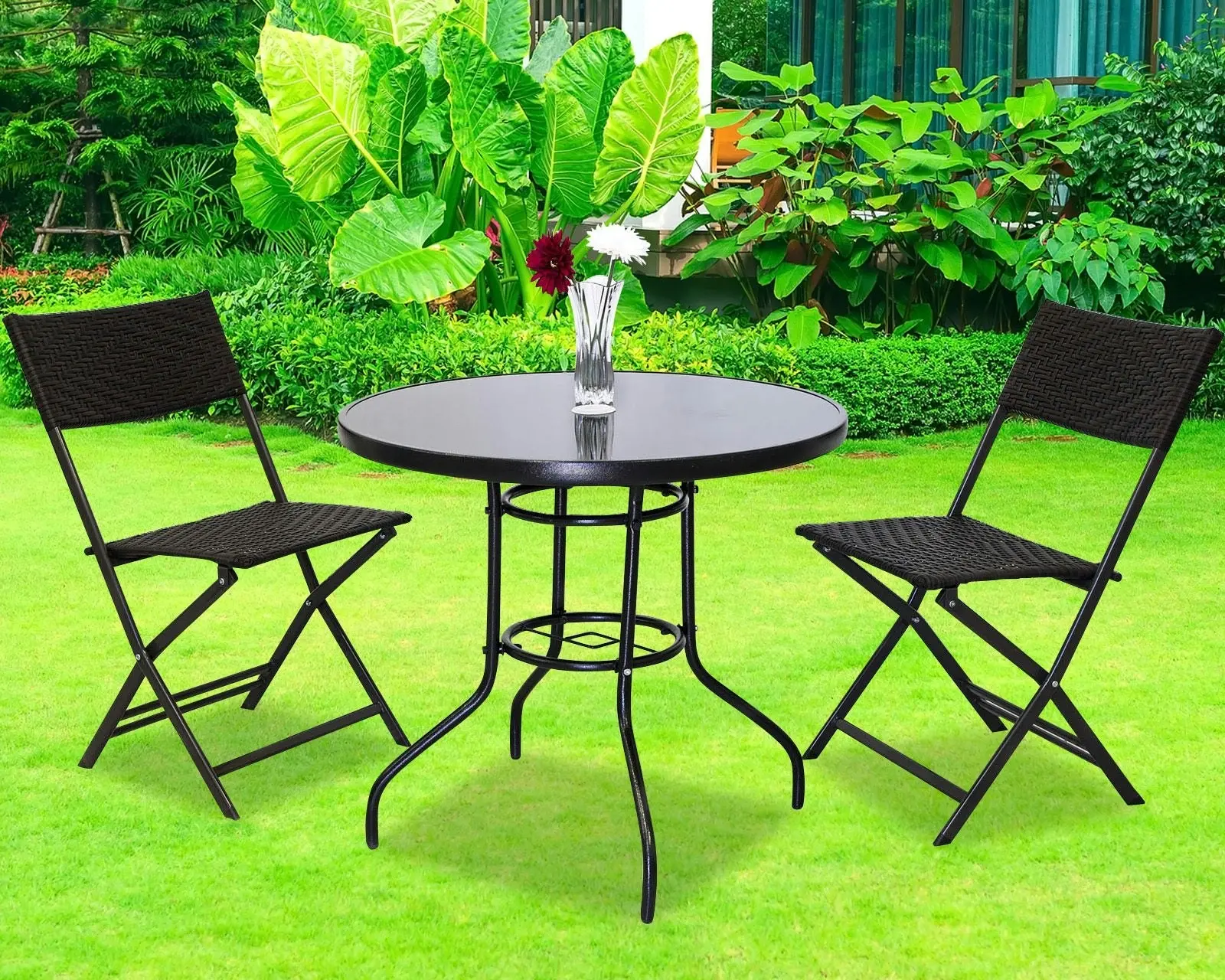 Alfresco 5PC Outdoor Setting (Blue Umbrella & Stand, 2 Rattan Chairs, Round Table)