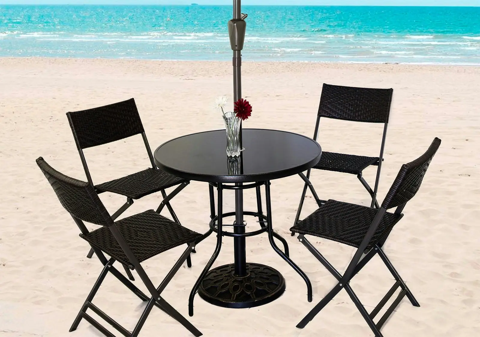 Alfresco 7 Piece Outdoor Setting (Beige Umbrella & Stand, 4 Rattan Chairs, Round Table)