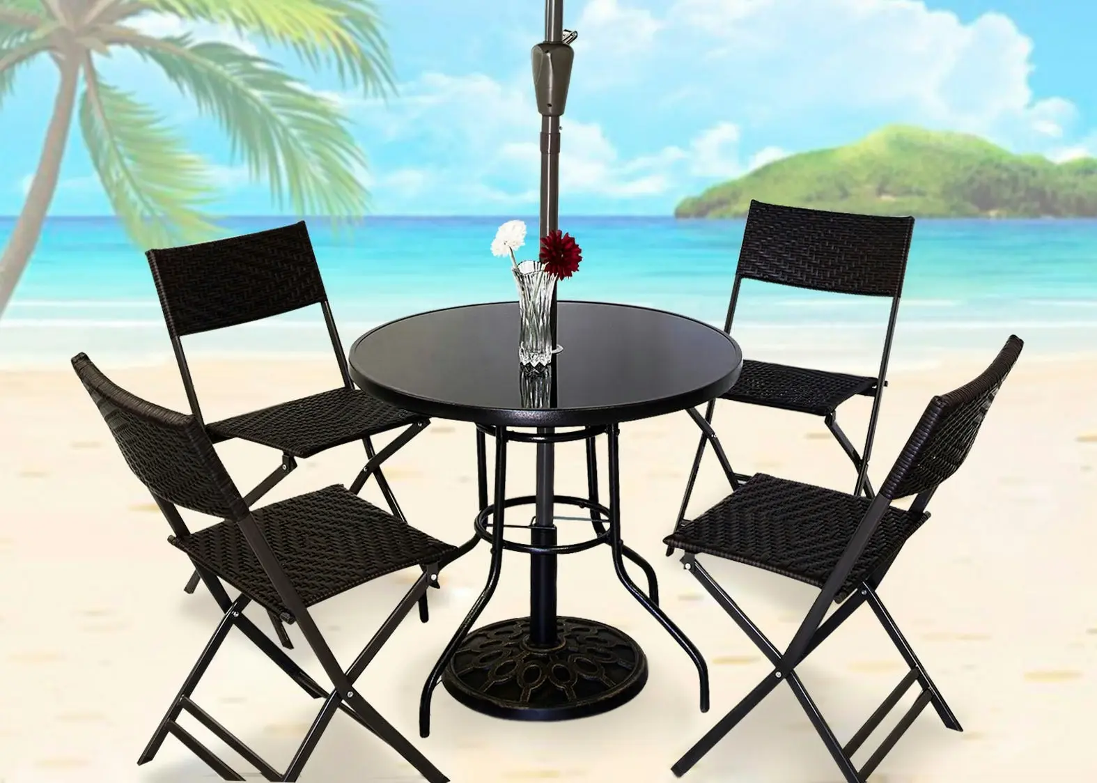 Alfresco 7 Piece Outdoor Setting (Beige Umbrella & Stand, 4 Rattan Chairs, Round Table)