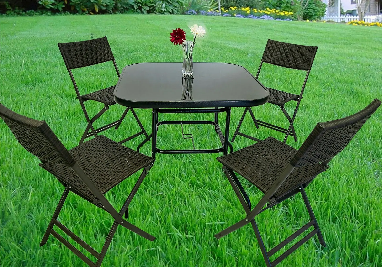 Alfresco 7 Piece Outdoor Setting (Maroon Umbrella & Stand, 4 Rattan Chairs, Square Table)