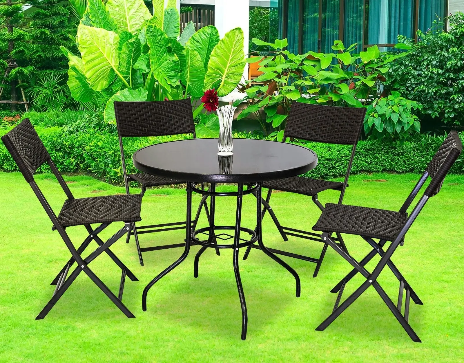 Alfresco 7 Piece Outdoor Setting (Maroon Umbrella & Stand, 4 Rattan Chairs, Round Table)