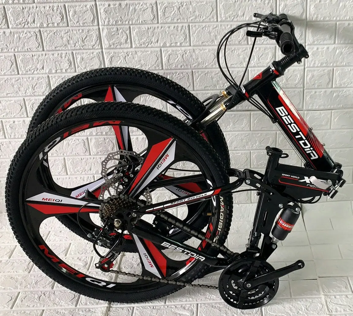 Deluxe Dual Suspension Foldable 21 Speed 3 Spoke Mountain Bike (Red & Black Bicycle)