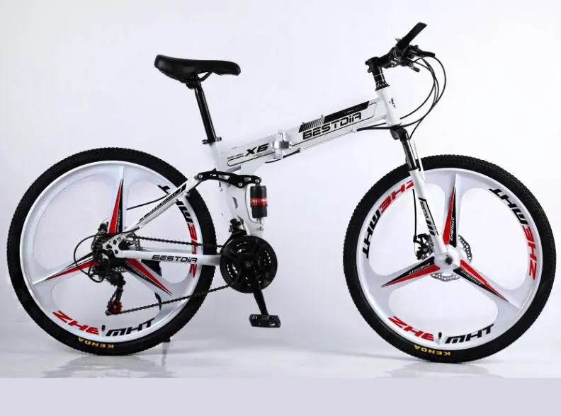 Deluxe Dual Suspension Foldable 21 Speed 3 Spoke Mountain Bike (White & Black Bicycle)