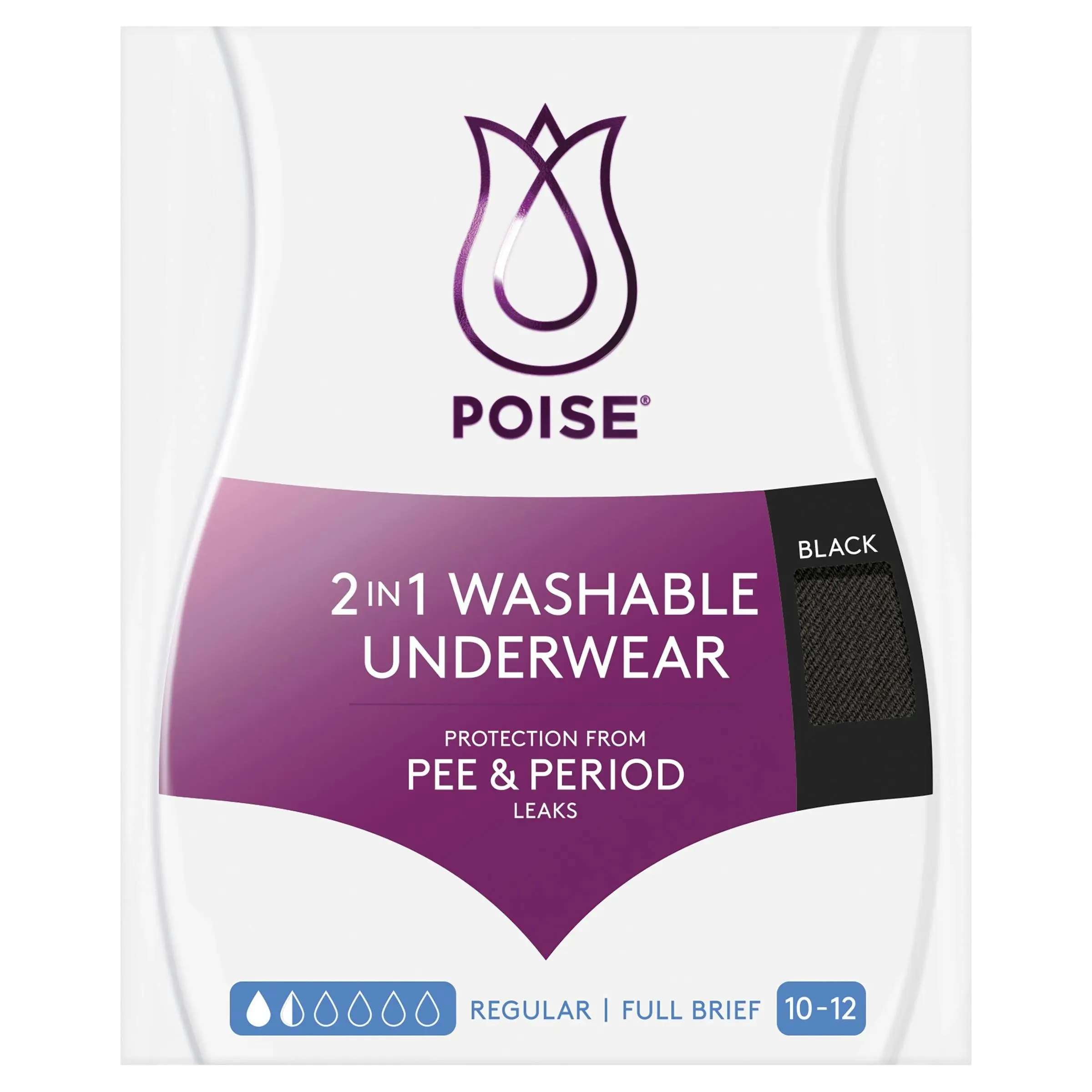 Poise 2-in-1 Period & Incontinence Undies Black Size 10-12 1 Pack