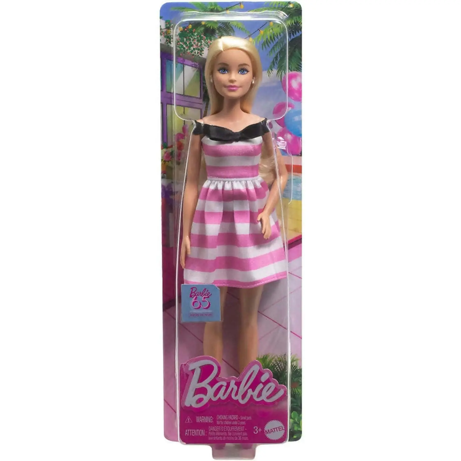 Barbie - 65th Anniversary Commemorative Doll With Blonde Hair Pink And White Striped Dress With Matching Heels - Mattel