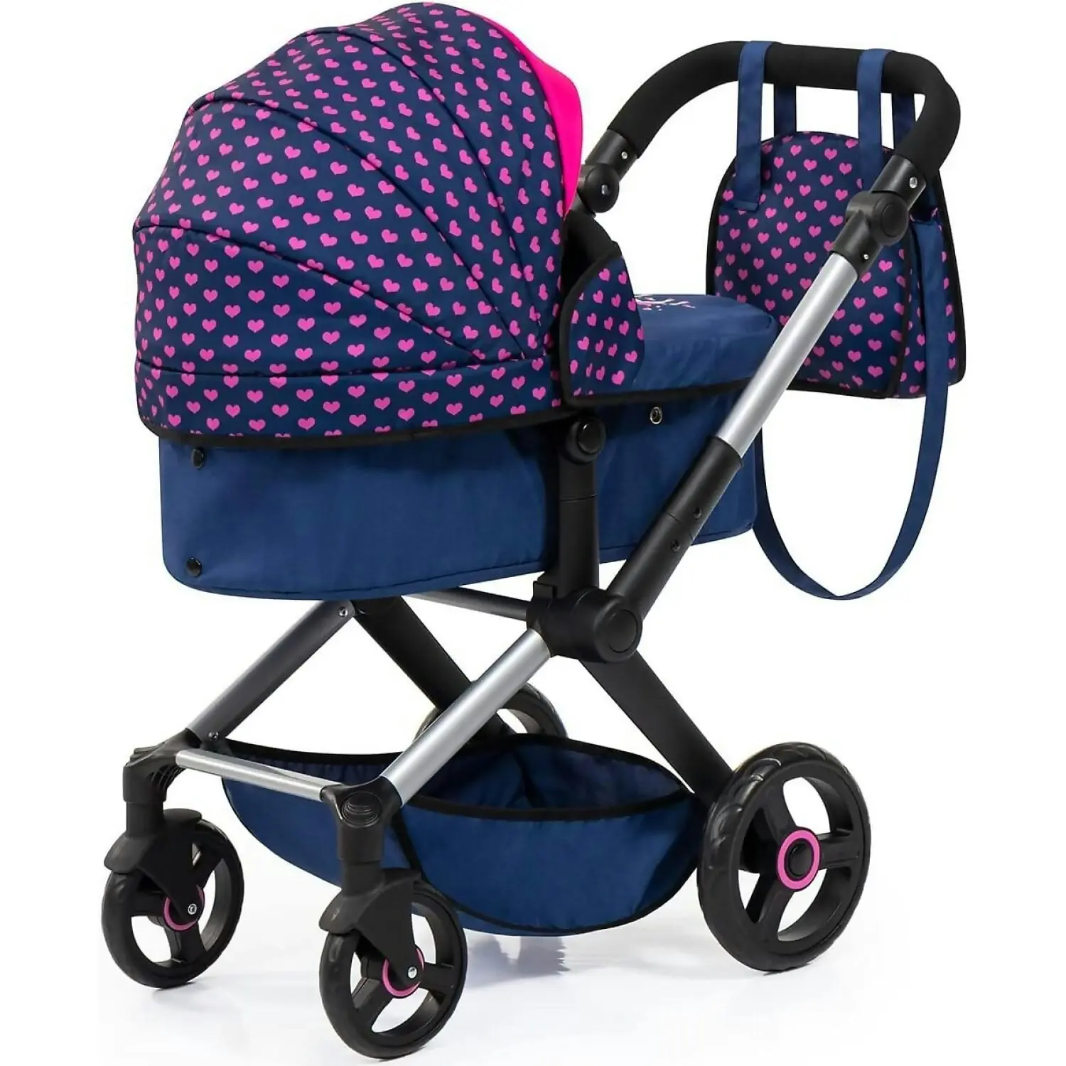 Bayer - Doll Pram Xeo Compact Dark Blue With Pink Hearts