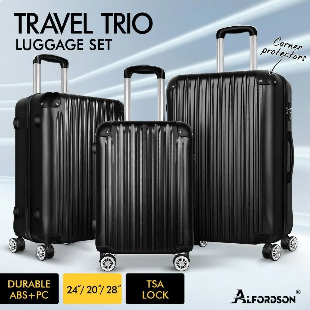 Alfordson 3PCS Luggage Suitcase Trolley Set Hard Case Travel Storage TSA Lock Voyage Pro Black