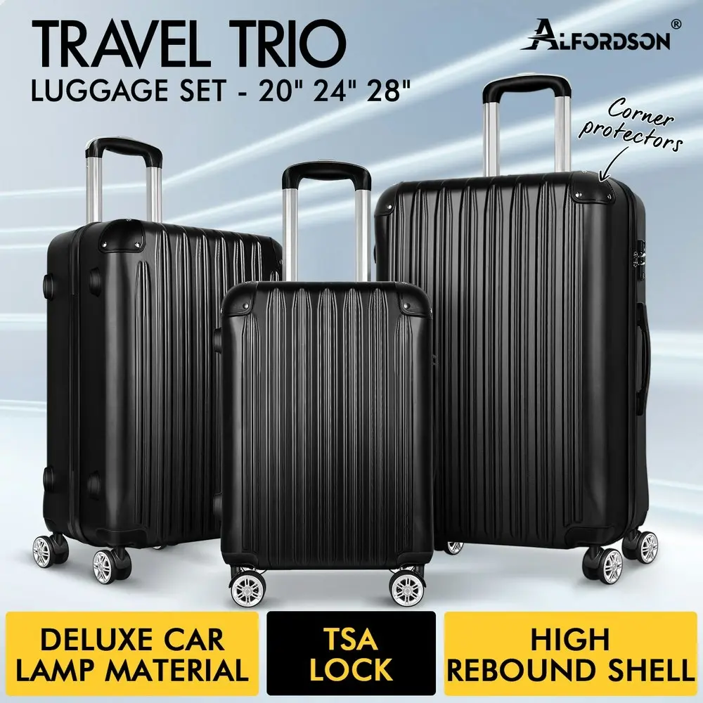 Alfordson 3PCS Luggage Suitcase Trolley Set Hard Case Travel Storage TSA Lock Voyage Pro Black