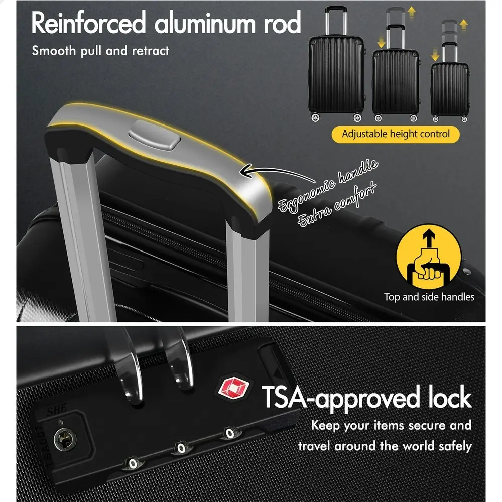 Alfordson 3PCS Luggage Suitcase Trolley Set Hard Case Travel Storage TSA Lock Voyage Pro Black