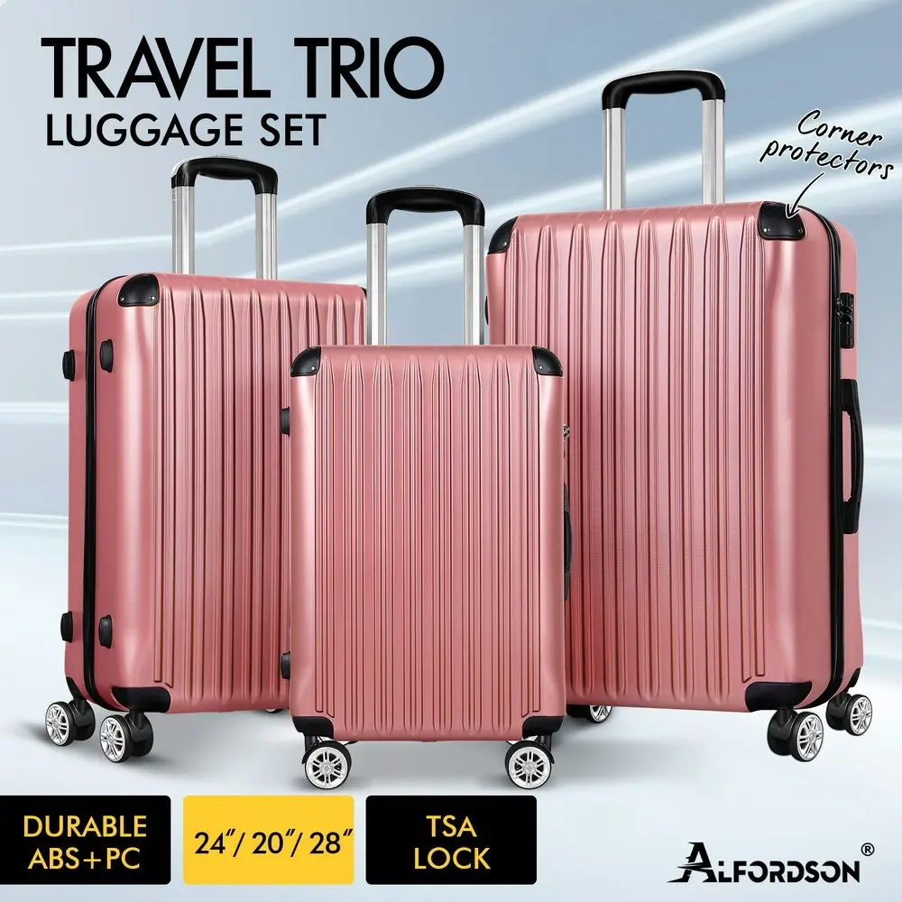 Alfordson Luggage 3PCS Set Suitcase Trolley TSA Carry on Hard Case Pink