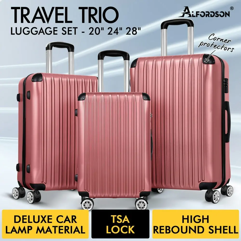 Alfordson Luggage 3PCS Set Suitcase Trolley TSA Carry on Hard Case Pink